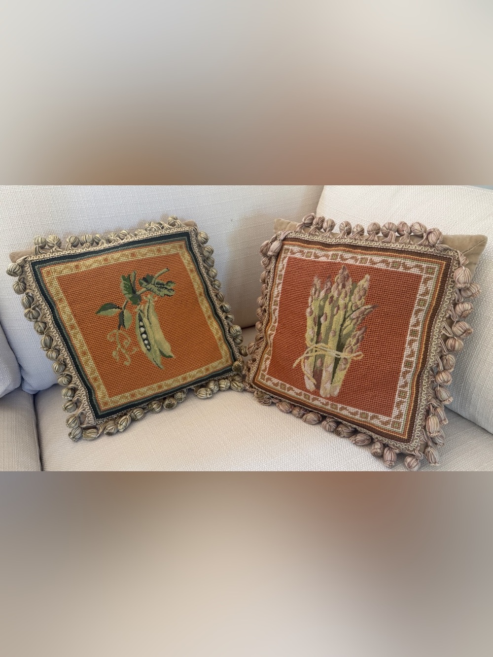 Pair Needlepoint Botanical Pillows Velvet Back Down Inserts with Tassel Trim